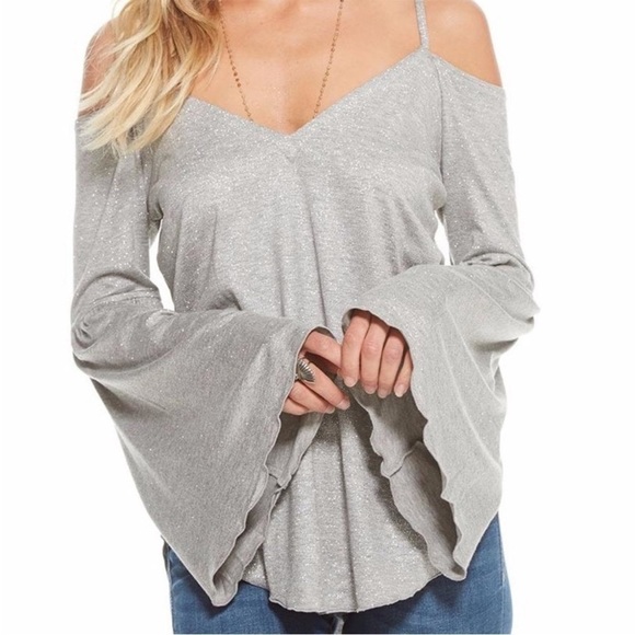 NWT - Chaser Silver Glitter Flounce Top Ruffle Sleeve, Size M - Picture 1 of 12